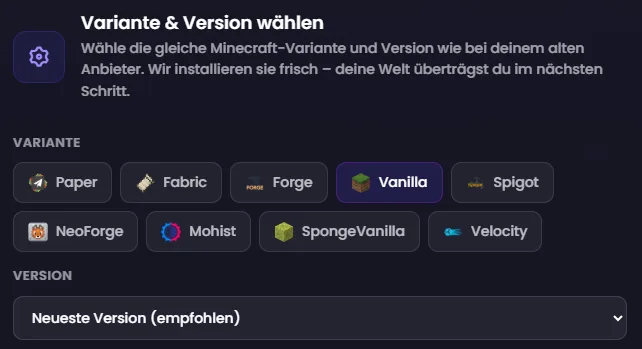 Nitrado Minecraft Server umziehen - ByteBlitz Wizard Version wählen