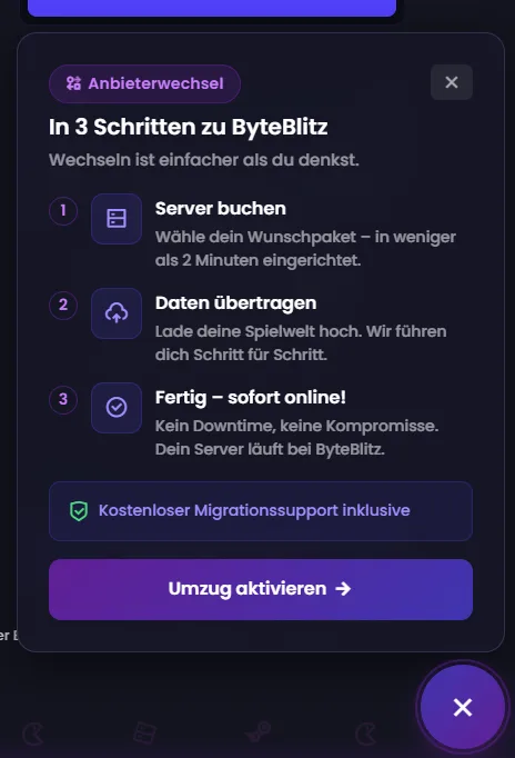 Hover Icon klicken um den Nitrado Minecraft Server umziehen Wizard zu starten