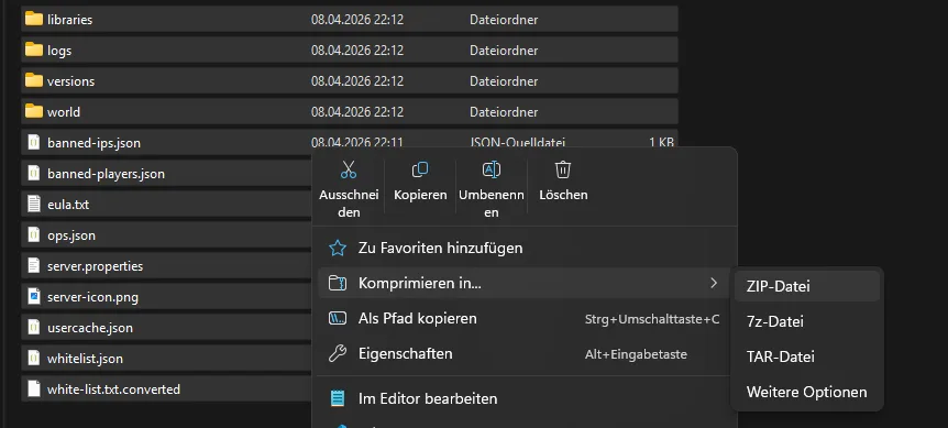 ZIP Datei erstellen beim Nitrado Minecraft Server umziehen